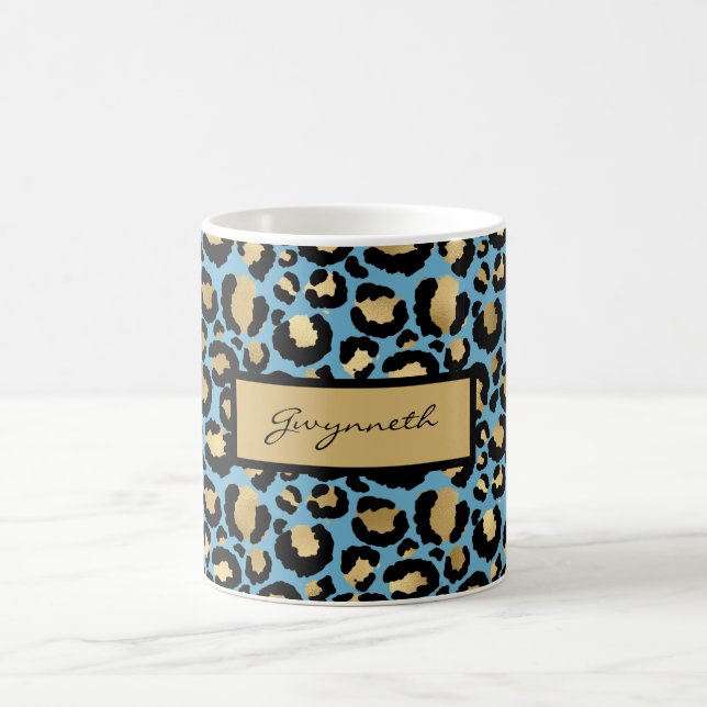 Taza De Café Blue Gold Black Leopard Print con tu nombre (Centro)