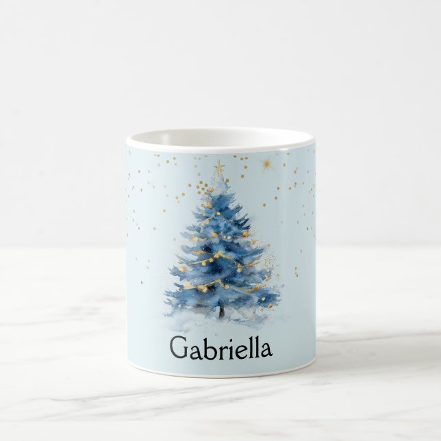 Taza De Café Blue Gold Confetti Dots Christmas Tree Name (Centro)