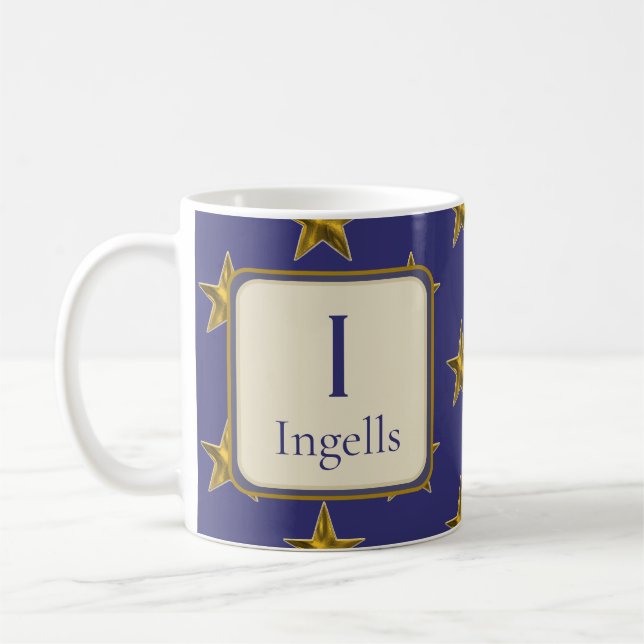 Taza De Café Blue Gold Stars apellido Monograma inicial (Izquierda)