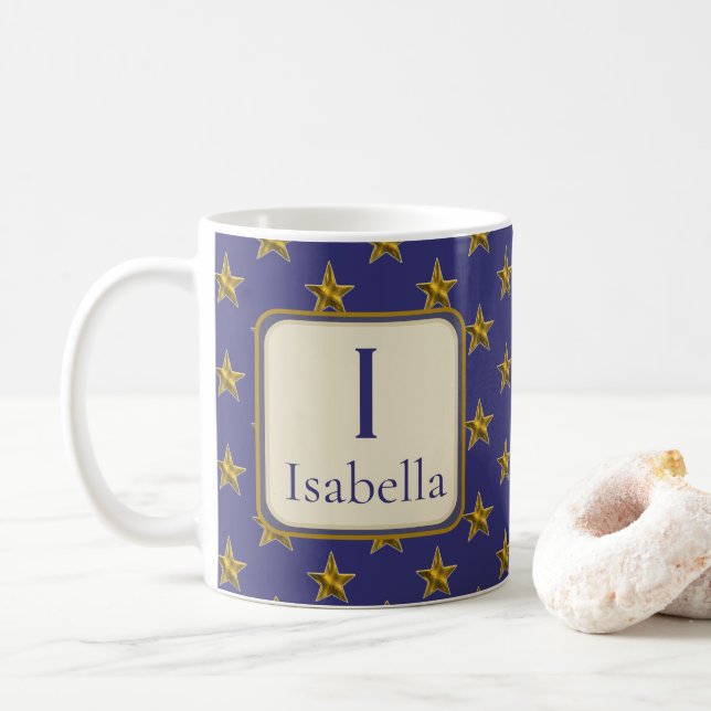 Taza De Café Blue Gold Stars Nombre Monograma Inicial (Con donut)