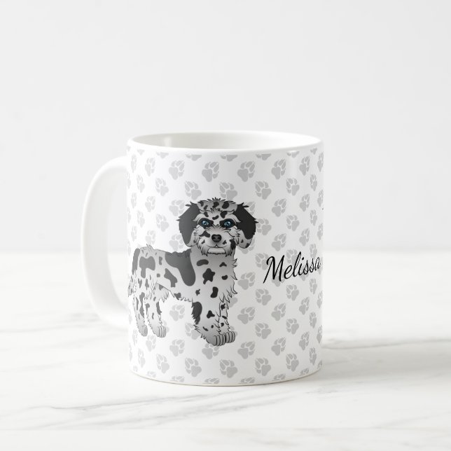 Taza De Café Blue Merle Mini Goldendoodle Cartog Dog & Name (Anverso izquierdo)