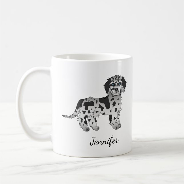 Taza De Café Blue Merle Mini Goldendoodle Cartog Dog & Name (Izquierda)