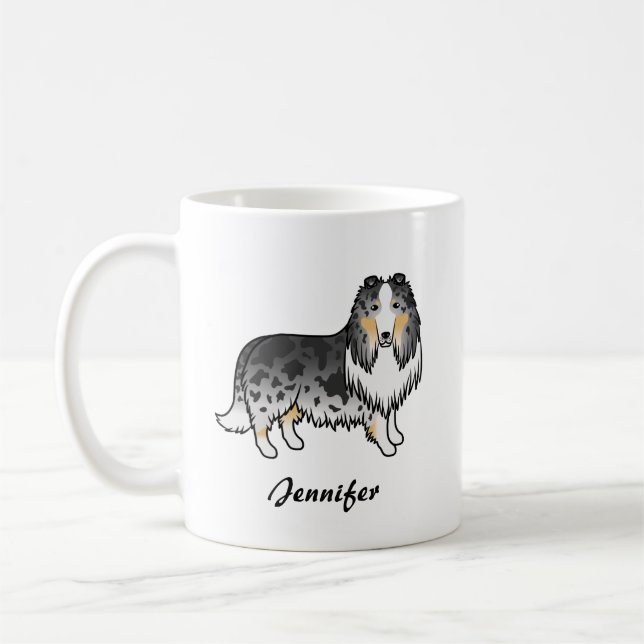 Taza De Café Blue Merle Rough Collie Cute Cartog Dog & Name (Izquierda)