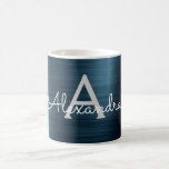 Taza De Café Blue Modern Elegant Metallic Monograma Nombre<br><div class="desc">Moderno y elegante Relieve metalizado de acero inoxidable metalico Faux Blue Nombre Monograma y Café Inicial Mug. El monogramado café o taza de té hace el Navidad perfecto o regalo de cumpleaños para alguien que ama el estilo personalizado personalizado moda.</div>