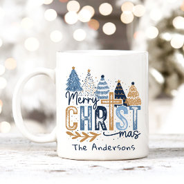 Taza De Café Blue Modern Trees Cristo Feliz nombre navideño