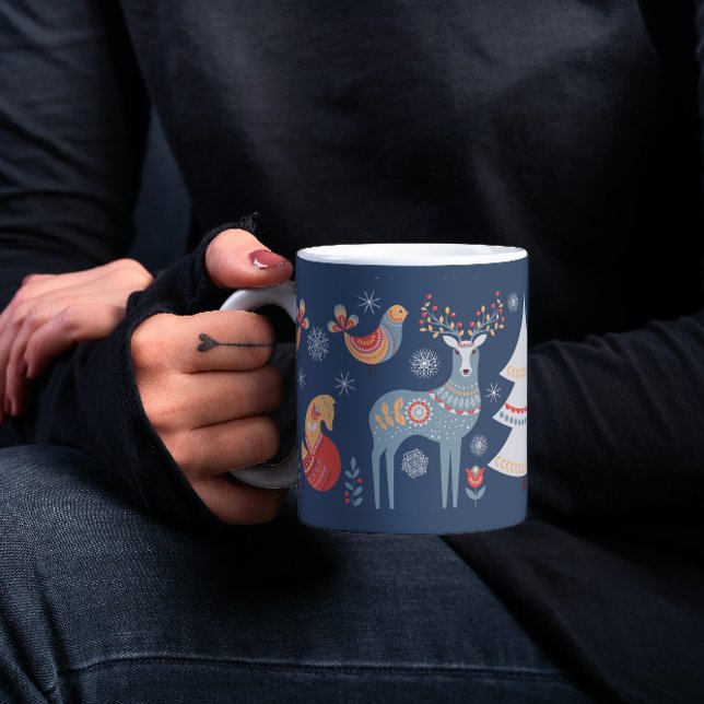 Taza De Café Blue Nordic Reindes Christmas Tree Floral Holiday (Subido por el creador)