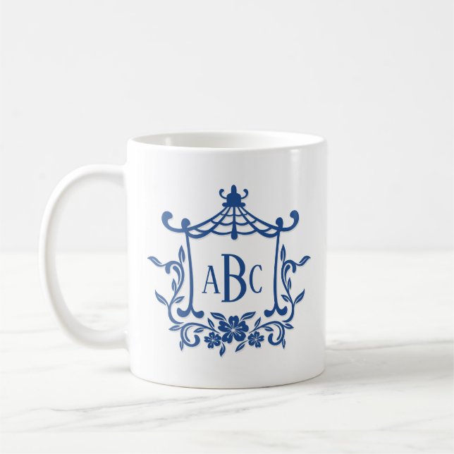 Taza De Café Blue Pagoda White Flower Frame Iniciales Monograma (Izquierda)