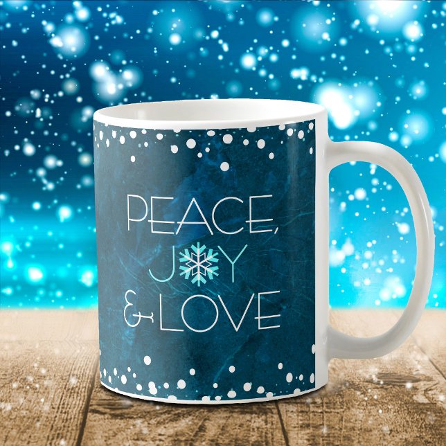 Taza De Café Blue Peace Joy Love Snowflake Holiday Moderno Negr (Subido por el creador)