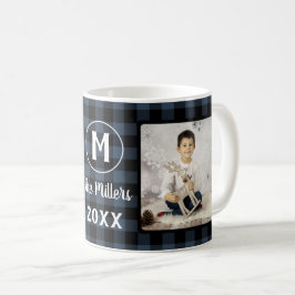 Taza De Café Blue Plaid Holiday Family Name 2 Photo Year