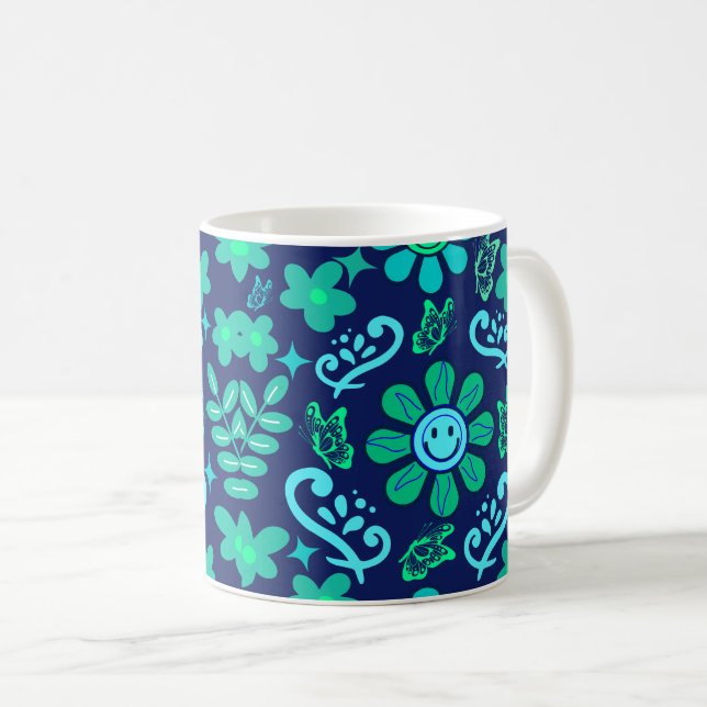 Taza De Café Blue Retro Style Floral and Sun Symbol Pattern (Anverso derecho)