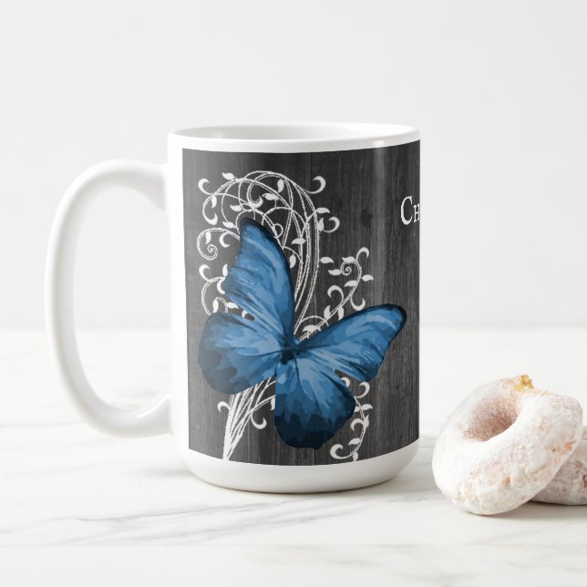 Taza De Café Blue Rustic Butterfly Personalizado Coffee Mug (Con donut)