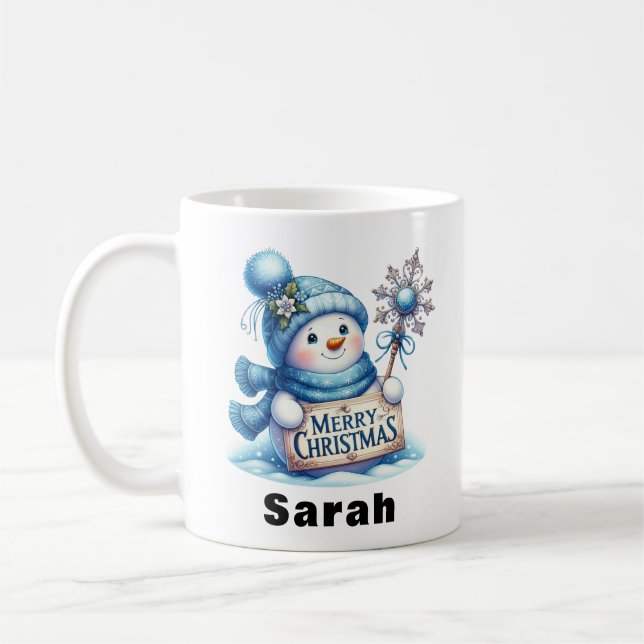 Taza De Café Blue Snowman Merry Christmas Rótulo (Izquierda)