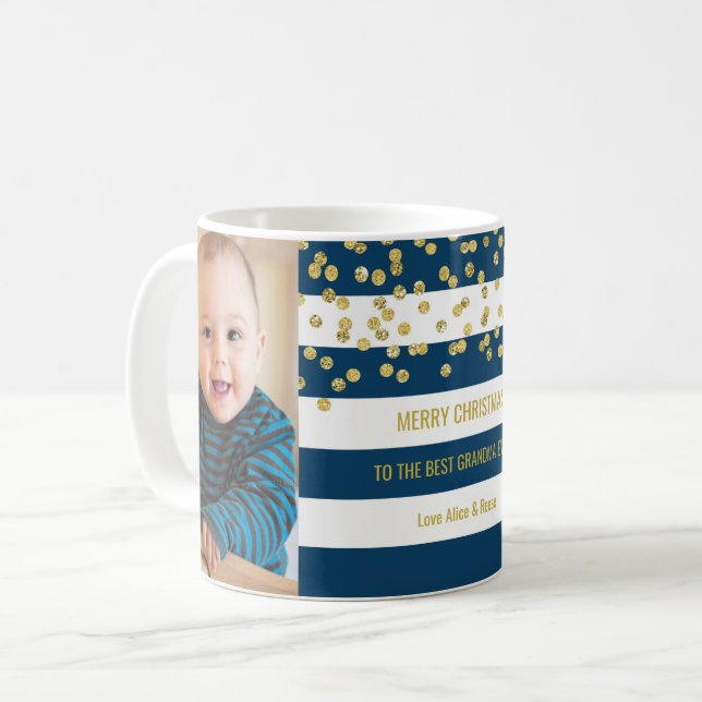 Taza De Café Blue Stripes Gold Photo Best Grandma Navidades (Anverso izquierdo)