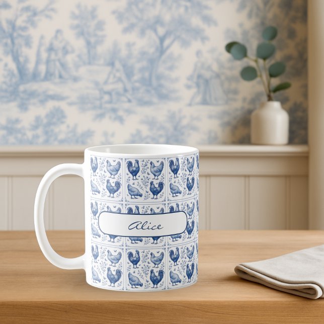 Taza De Café Blue Toile Country Farmhouse Mug (Personalized Blue Toile Chicken Mug French Country Farmhouse Coffee Cup)