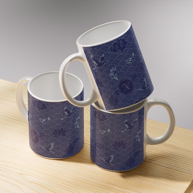 Taza De Café Blue Traditional Japanese Wave Seigaiha Monogram (Subido por el creador)