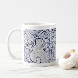 Taza De Café Blue & White Bunny Rabbit Art Floral Spring Easter
