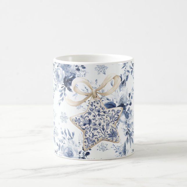 Taza De Café Blue White Floral Star Christmas Ornament (Centro)