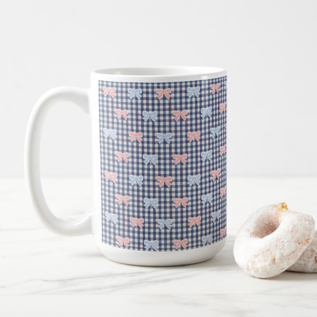 Taza De Café Blue White Gingham Pink Blue Coquette Bows Trendy  (Con donut)