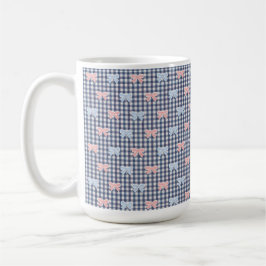 Taza De Café Blue White Gingham Pink Blue Coquette Bows Trendy 
