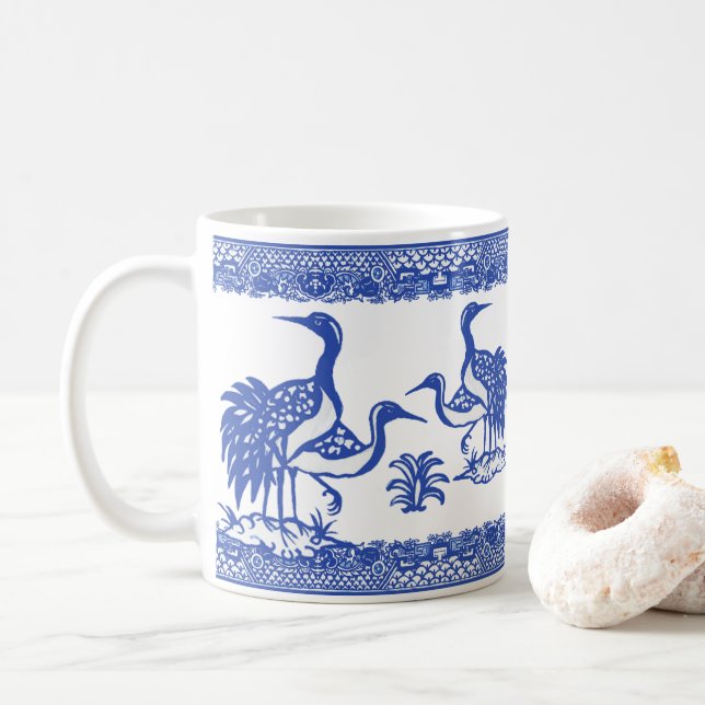 Taza De Café Blue Willow Cranes Bird Chinoiserie tradicional (Con donut)