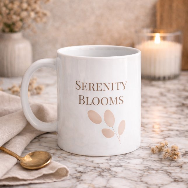 Taza De Café Blush Petal Script Classic Mug, 11 oz (White ceramic with a blush petal accent and taupe serif text adds polish to daily coffee rituals.)
