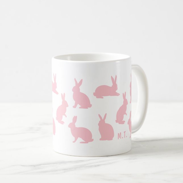 Taza De Café Blush Pink Bunnies With Custom Monogram Easter (Anverso derecho)