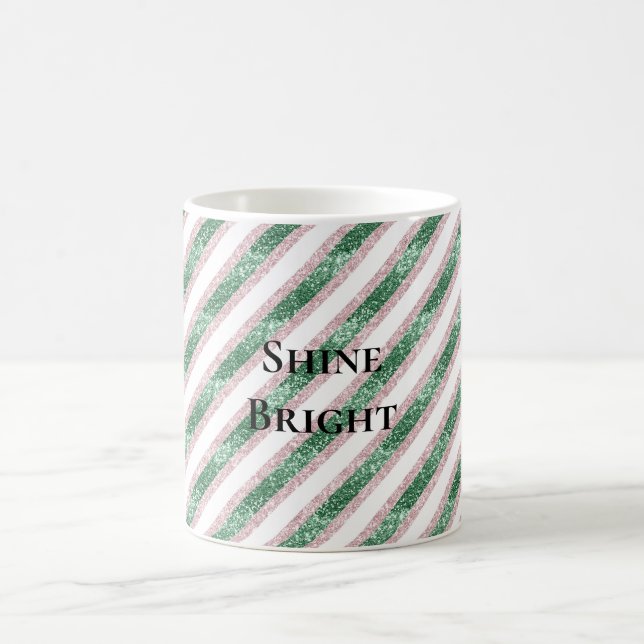 Taza De Café Blush Pink Green Glitzy Glitter Stripes Christmas (Centro)