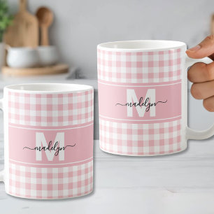 Taza De Café Blush Rosa Cuadros de Gingham Monograma