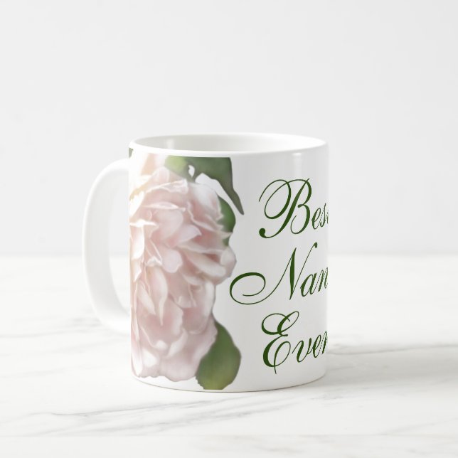 Taza De Café Blushing Ivory rosa melocotón floral Rosa Nana (Anverso izquierdo)