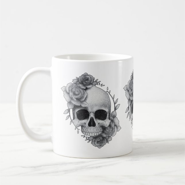 Taza De Café Boceto de Calavera y Rosas (Izquierda)