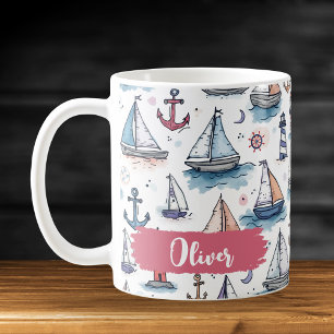 Taza De Café Bocetos soñadores de veleros, anclas y faros