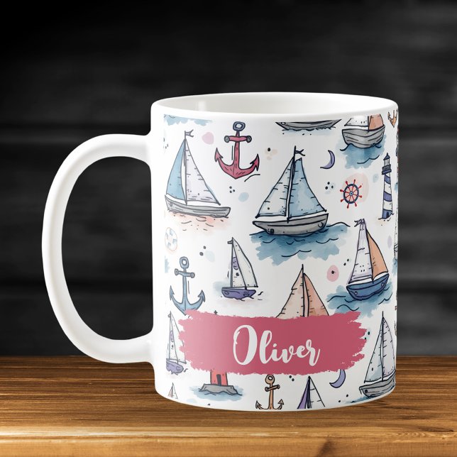 Taza De Café Bocetos soñadores de veleros, anclas y faros (Subido por el creador)