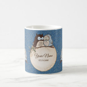 Taza De Café Boda Azul Marrón Búho Brillo Hermoso