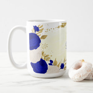 Taza De Café boda botánica de flores azules y blancas doradas r