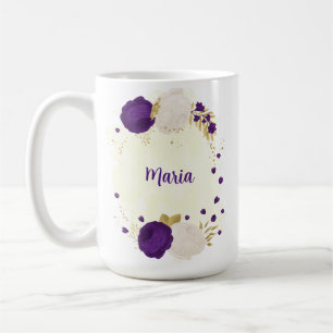 Taza De Café boda botánica flores blancas moradas reales dorada