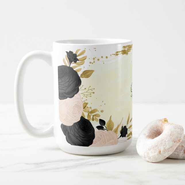 Taza De Café boda botánico de oro de flores rosadas negras (Con donut)