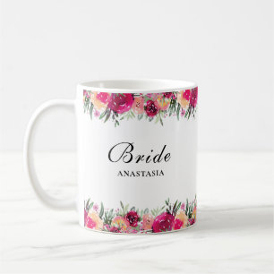 Taza De Café Boda color de agua floral rosa novia