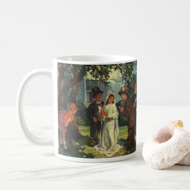 Taza De Café Boda de cosecha, hijos fingen novia y novio (Con donut)