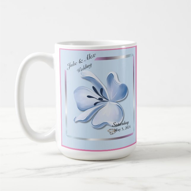 Taza De Café Boda de flor azul brillante (Izquierda)
