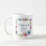 Taza De Café Boda de flores anémónicas de color agua<br><div class="desc">Este Boda de café Mug presenta un elegante guión azul sobre un fondo blanco rodeado de hermosas flores anemónicas en rosa, lavanda, azul, morado y violeta con hojas verdes. El texto se puede personalizar editando los cuadros de texto. Diseñado para ti por Evco Studio © en www.zazzle.com/store/evcostudio #boda #coffee #mugs...</div>
