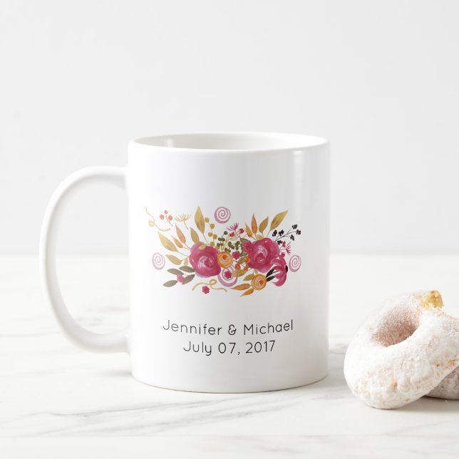 Taza De Café Boda de flores rosadas y Naranjas (Con donut)