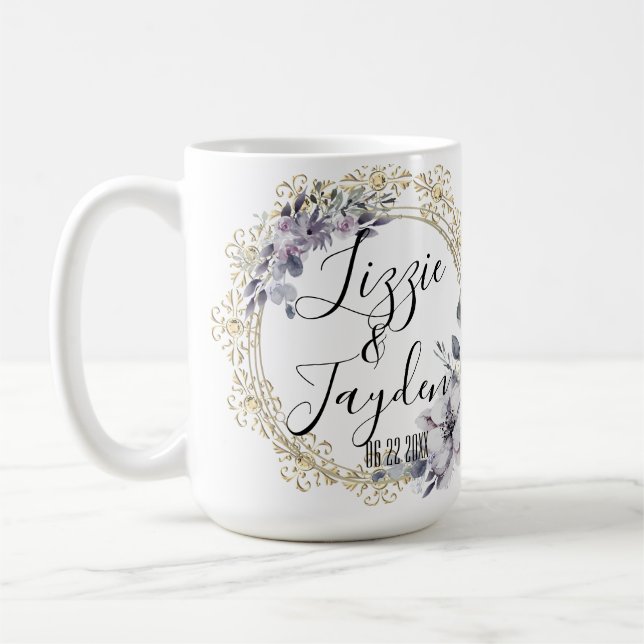 Taza De Café Boda de guirnaldas florales de Lavender personaliz (Izquierda)