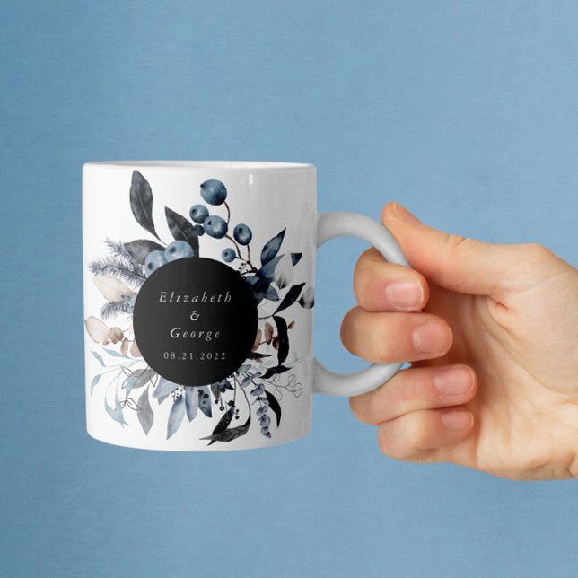 Taza De Café Boda de Monograma Floral de Invierno Azul Dusty Fr (Subido por el creador)
