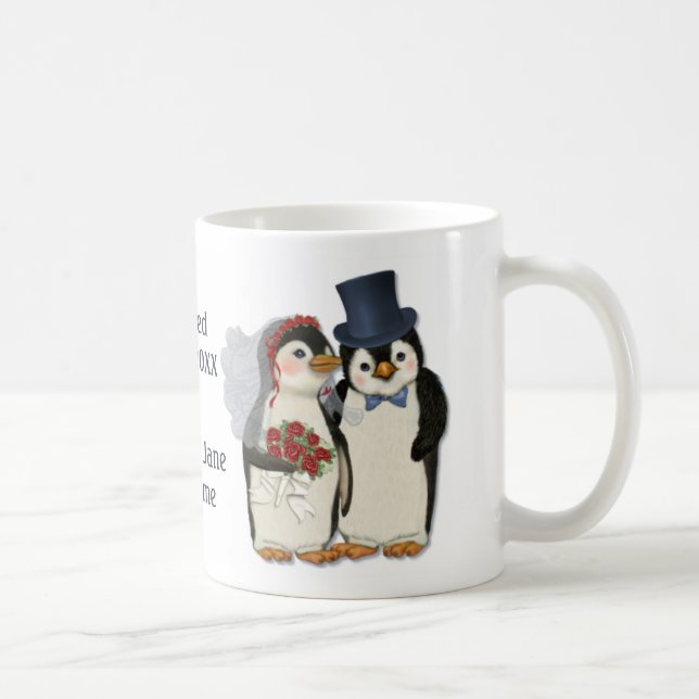 Taza De Café Boda de Pingüino Bride y Groom Tie - Personalizar (Derecha)