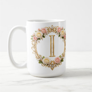 Taza De Café Boda de Rosa Dorado Floral Monograma Letra I
