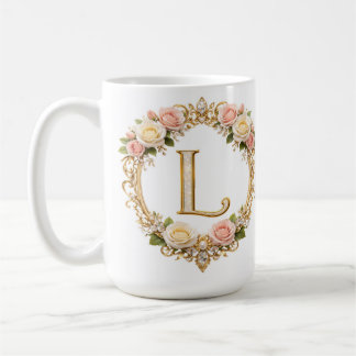 Taza De Café Boda de Rosa Dorado Rubor Monograma Letra L