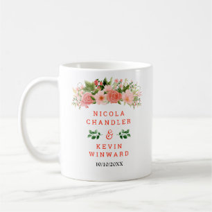 Taza De Café Boda de Rosas Rojas Coral con Follaje