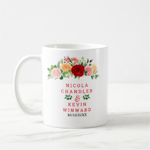 Taza De Café Boda de Rosas Rojas y Naranjas Románticas