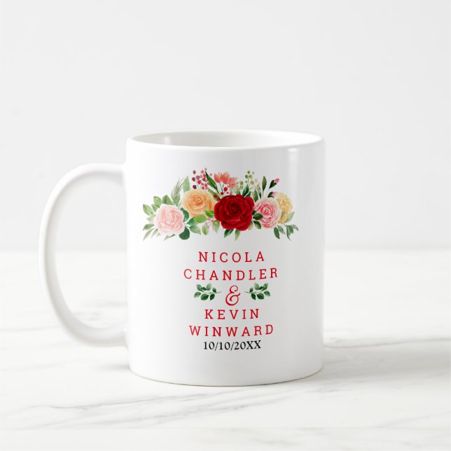 Taza De Café Boda de Rosas Rojas y Naranjas Románticas (Izquierda)
