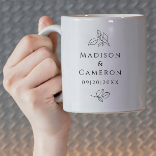 Taza De Café Boda Elegante Blanco y Negro Hojas Nombres Fecha